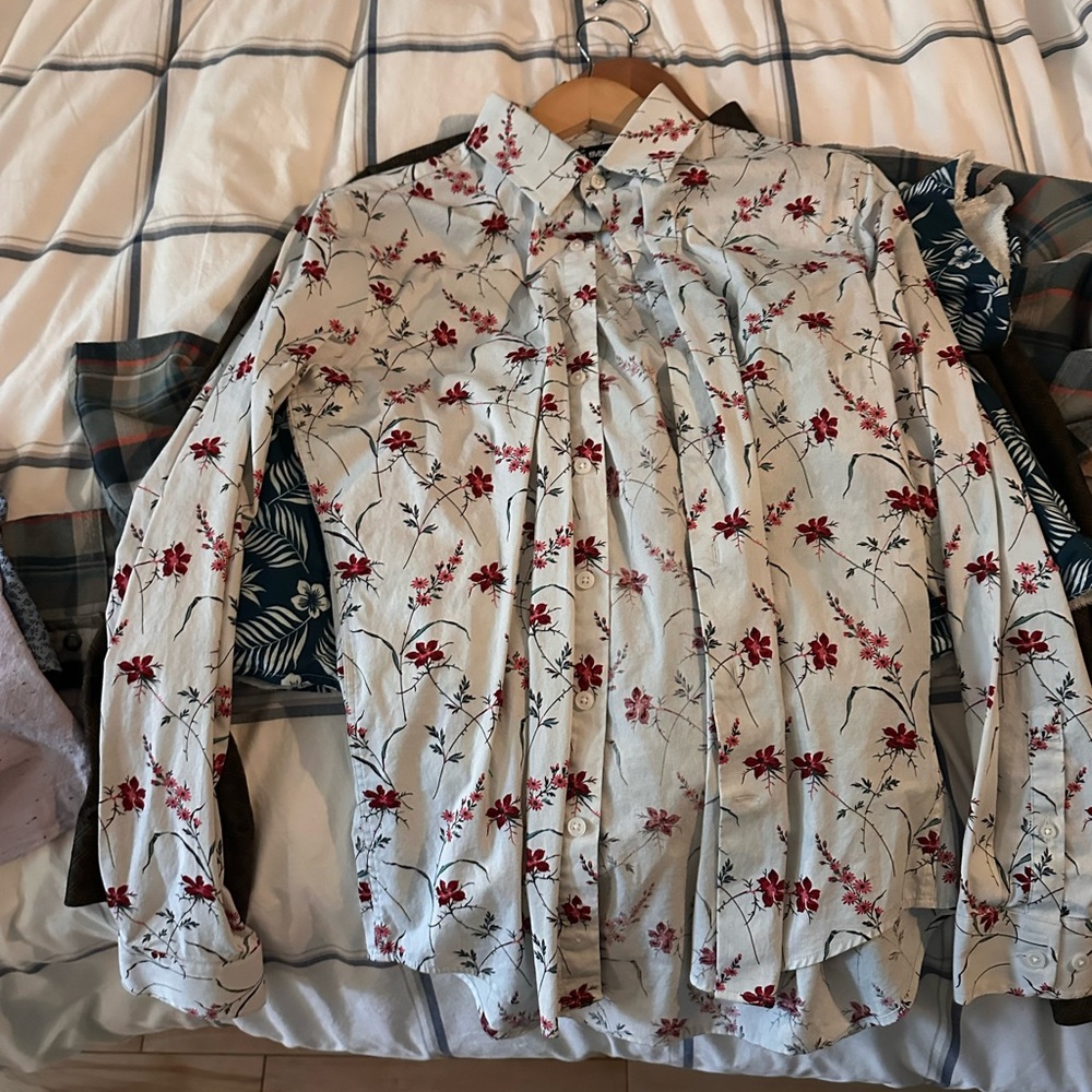 Express Blue and Red Casual Button Down Shirt